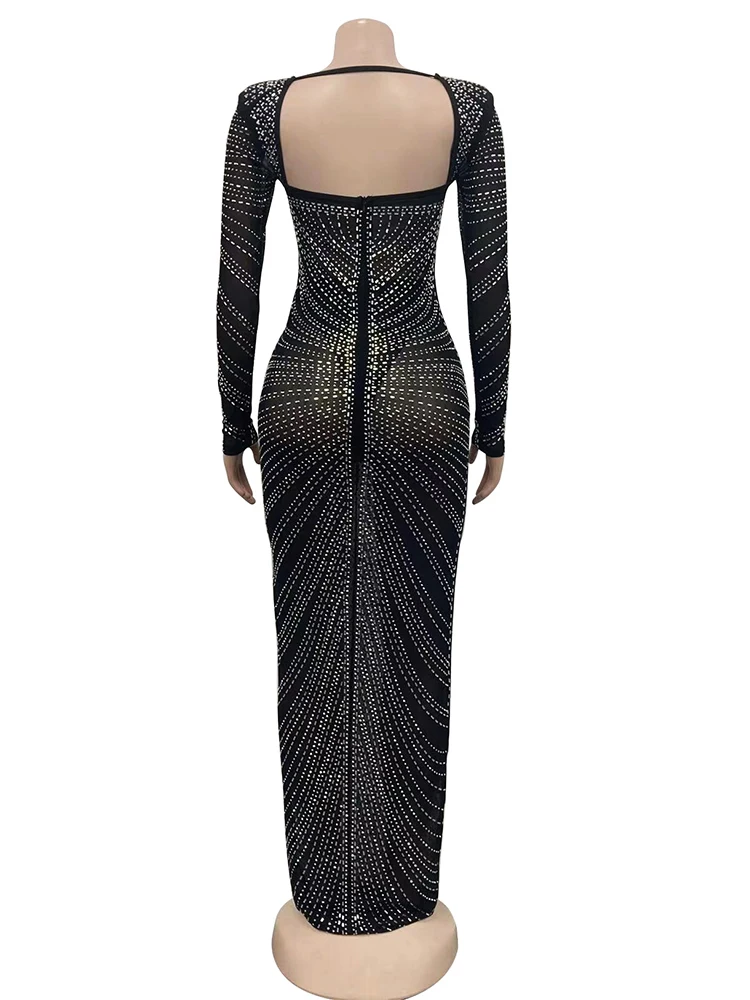 Apprabant Strass Pure Maille Maxi Robe Femmes Slash Cou Dos Nu à Manches Longues Moulante Club Sexy Nuit Robe De Soirée Vestido