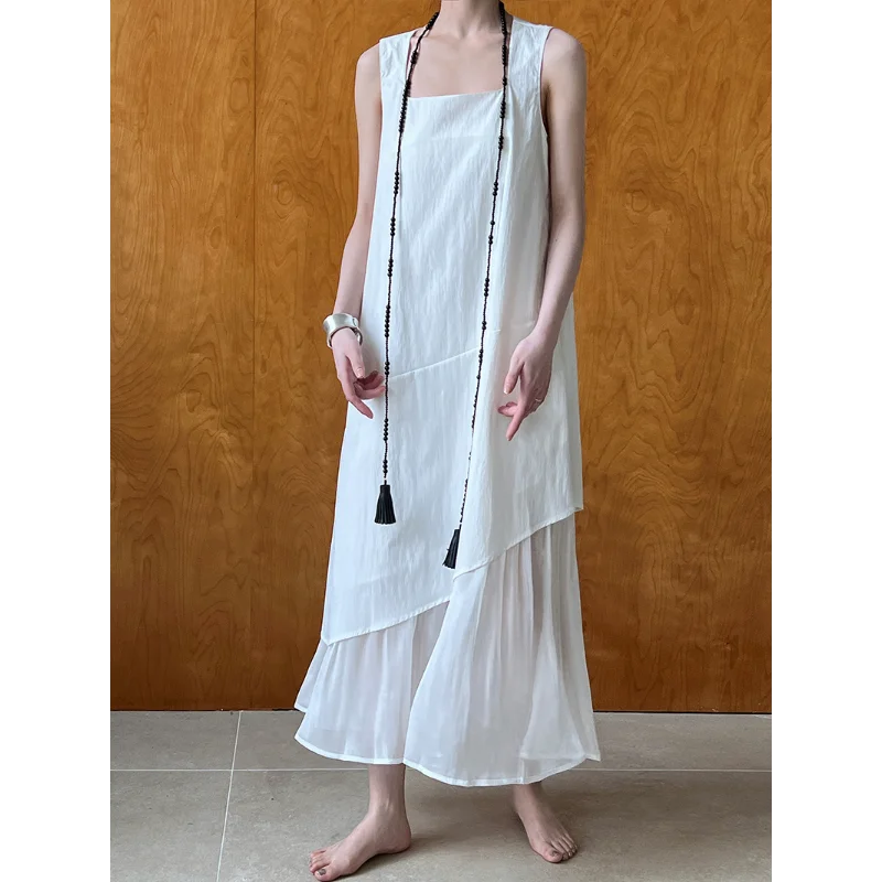 

White Loose Sleeveless Fishtail Dress Women Summer Korea Chic Fake Two-piece Casual Joker Black Square Neck Vest Long Dress