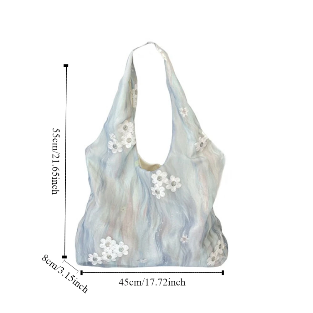 Fresh Color Flower Embroidery Vest Bag Large Capacity with Lace Ribbon Vacation Tote Bag Solid Color Korean Style Shoulder Bag