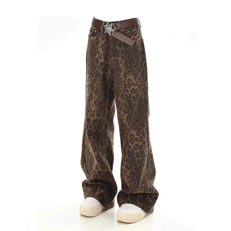 Baggy Leopard Jeans Coquette y2k clothes Women High Waisted Casual Wide Leg Denim Pants Fashion Streetwear Retro Straight Jeans