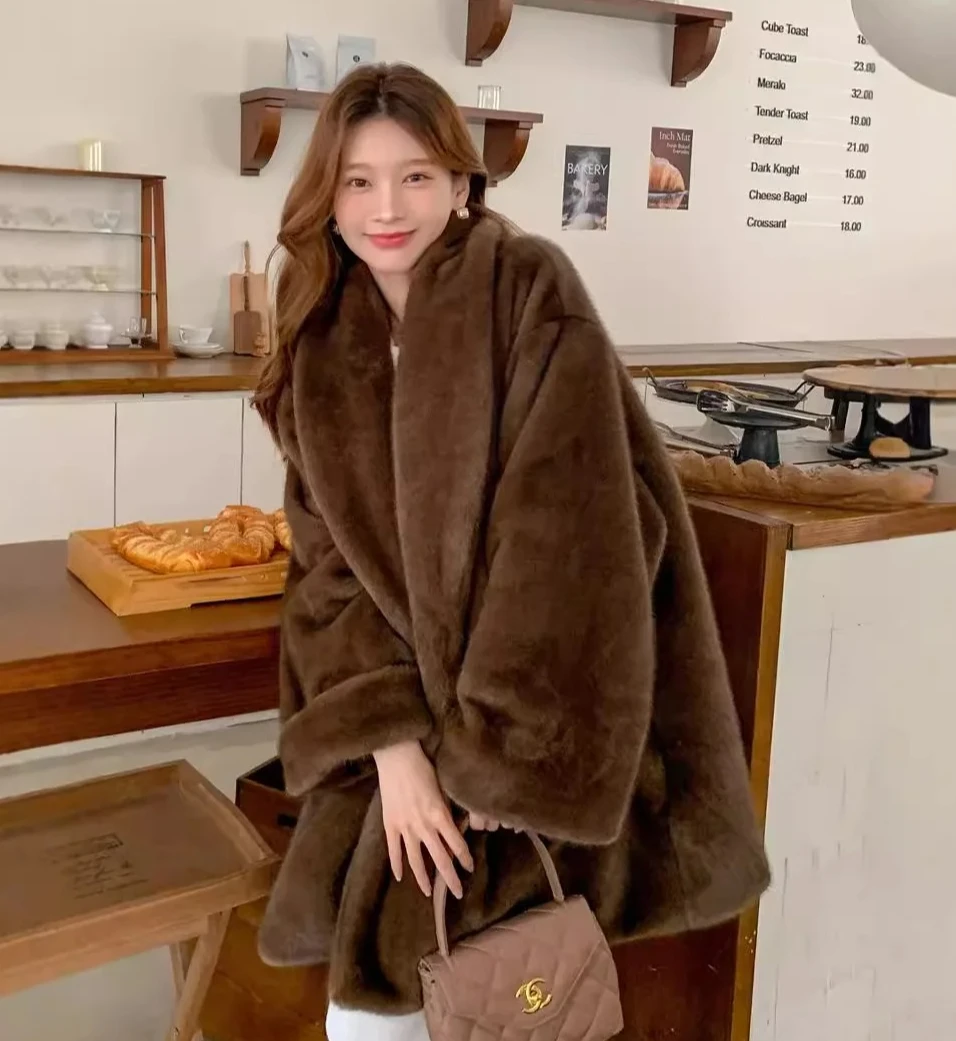 Herbst Winter 2025, Damen-Kunstpelzmäntel, solide Mäntel, Umlegekragen, volle Ärmel, offener Stich, dick, locker, lässig