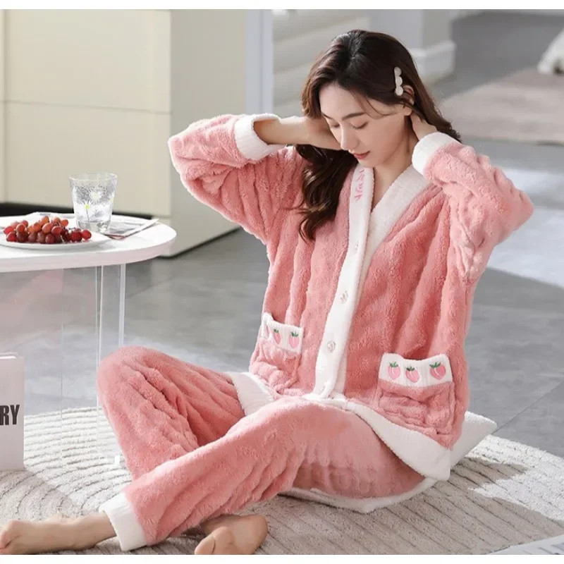 

Thickening Warm Sleepwear for Winter Coral Velvet Strawberry Pattern Pajamas Ladies Flannel Button up Tops and Pants Loungewear