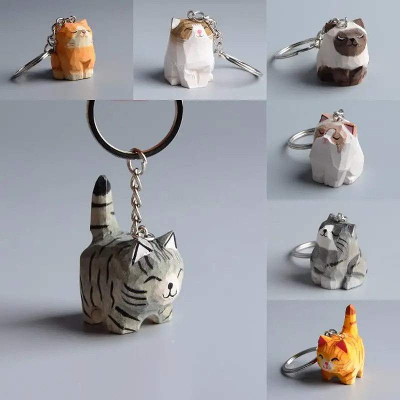 Handmade Wooden Carving Cat Keychain Creative Ginger Ragdoll Siamese Cat Cute Funny Pendant Unisex Keyring