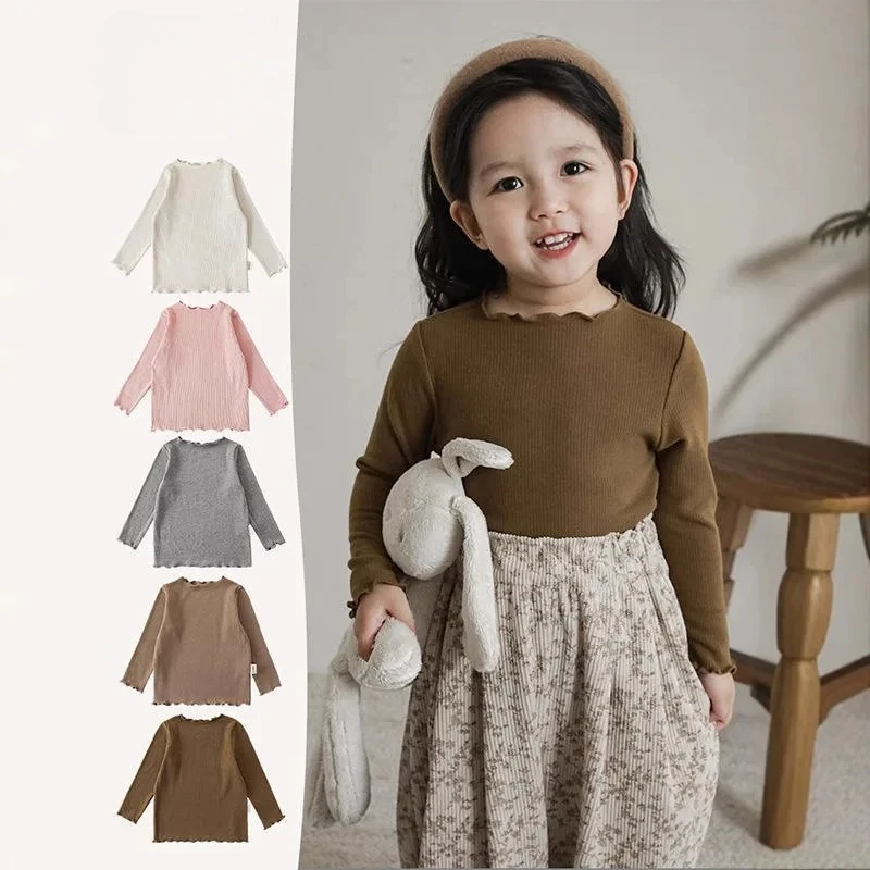 Girls’ Korean-Style Long Sleeve Top – Soft Stretch Knit with Lace Trim, Cashmere-Feel Layer for Spring & Fall Kids Clothes