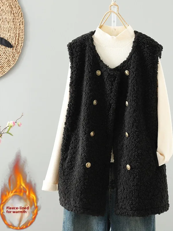 

Lamb Fur Vest Outerwear Loose Layering Versatile Winter New Arrival Anti-Aging Sle Commute round Ne Single Button Closure