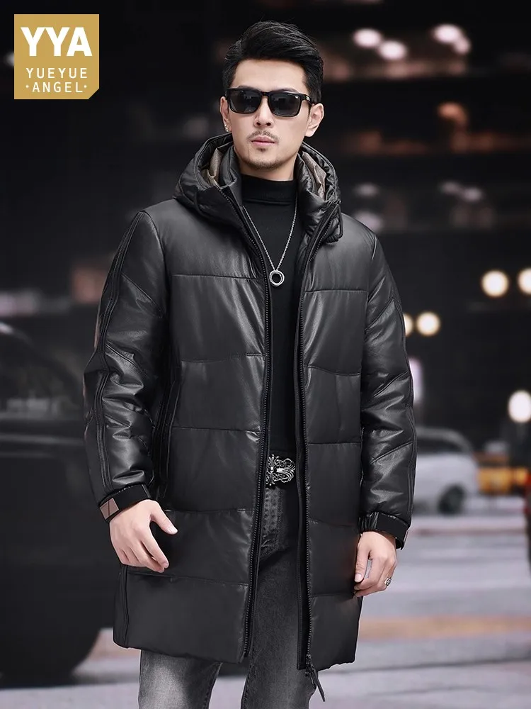 أعلى جودة الشتاء الرجال هودي طويل جلد البقر جلد طبيعي أوزة أسفل سترة سميكة معطف دافئ مستقيم سترة واقية خندق معطف #1