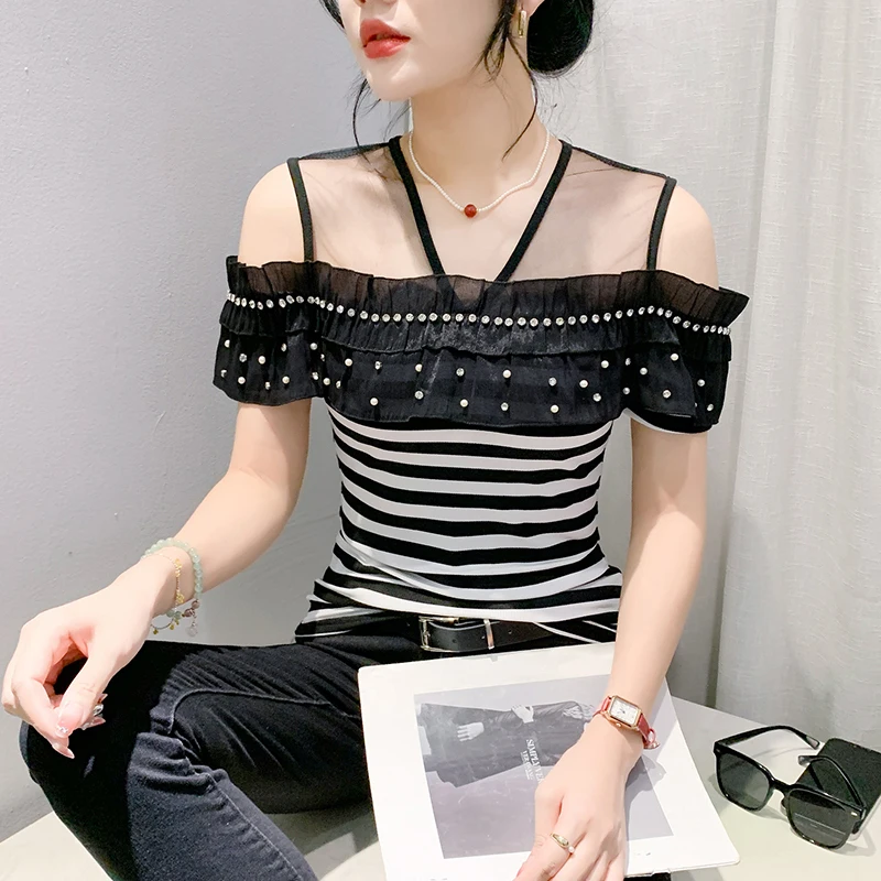 #7227 Off Shoulder T Shirt Women Slash Neck Split Joint Ruffles Diamonds Sexy Skinny T Shirt Femme V-neck Tight Short Sleeve Tee