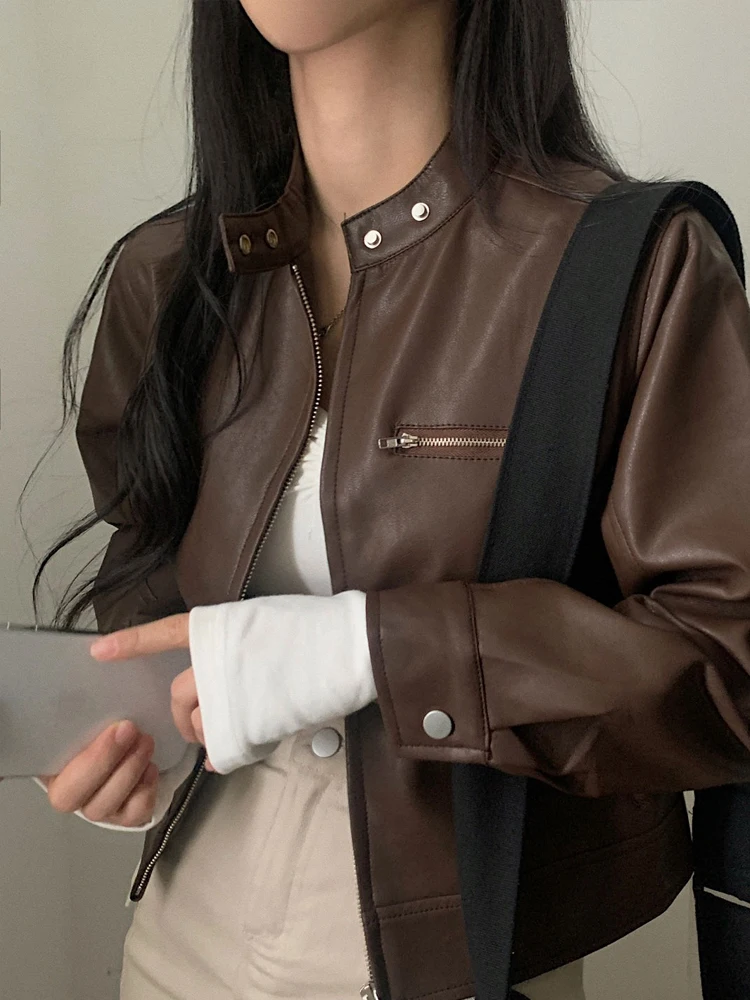 Retro Hong Kong Style Women's Short Leather Jacket Motorcycle Clothes Loose All-Match Zipper Design Sense Autumn Collection