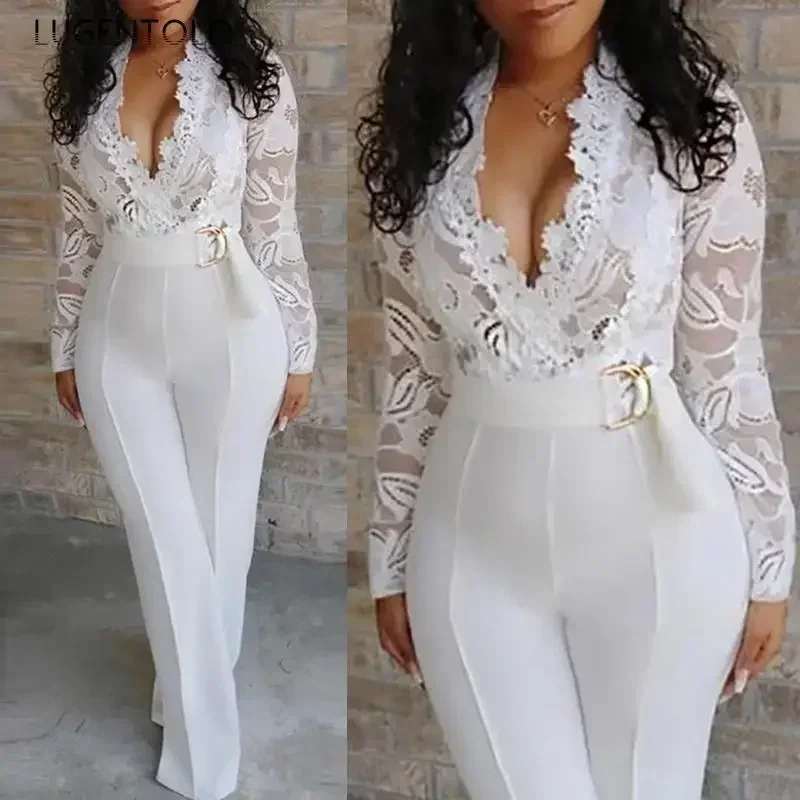 Women White Jumpsuit Lace Stitching Long Sleeve V-neck Large Size Wide Leg Pants Office Lady  Jumpsuits for Woman Lugentolo