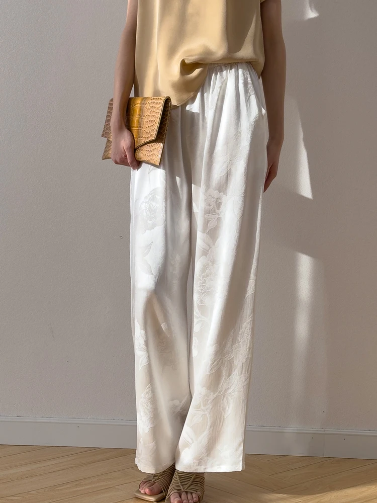 45MM Heavyweight 100% Natural Mulberry Silk Jacquard Satin White Versatile Pocket Design Elastic Waist Casual Wide Leg Pants