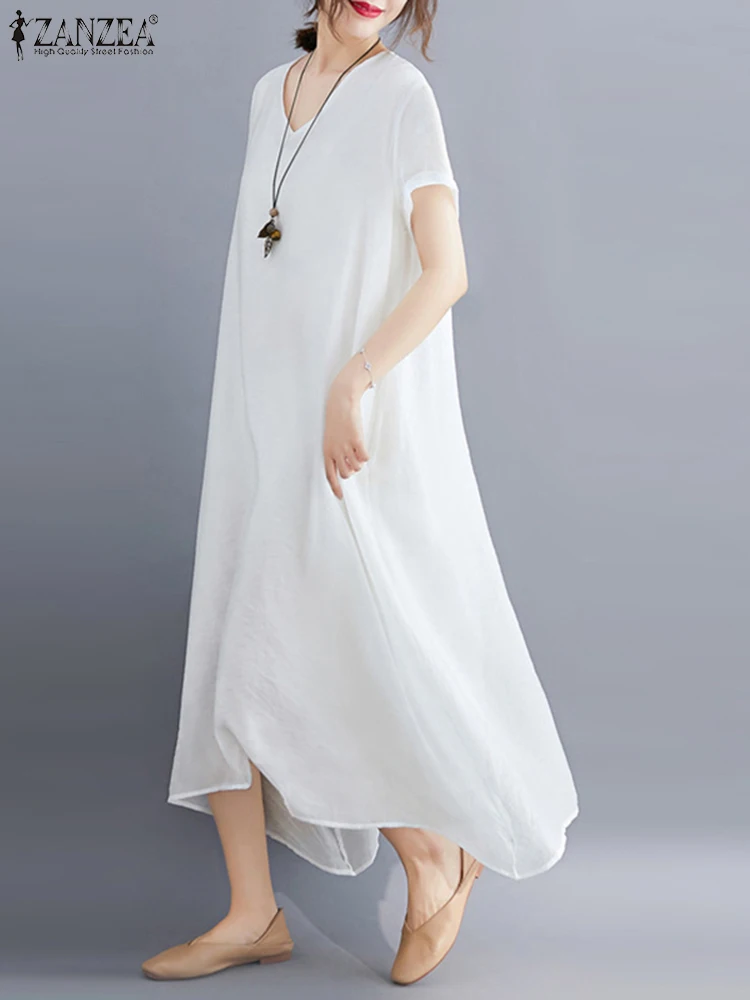 

ZANZEA Women Summer Vestidos 2024 Fashion Long Shirt Dress Vintage Solid Color V-Neck Casual Loose Short Sleeve Party Sundress