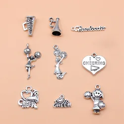 9pcs Antique Silver Color Cheerleaders Charms Collection For DIY Jewelry Making, 9 Styles, 1 of Each