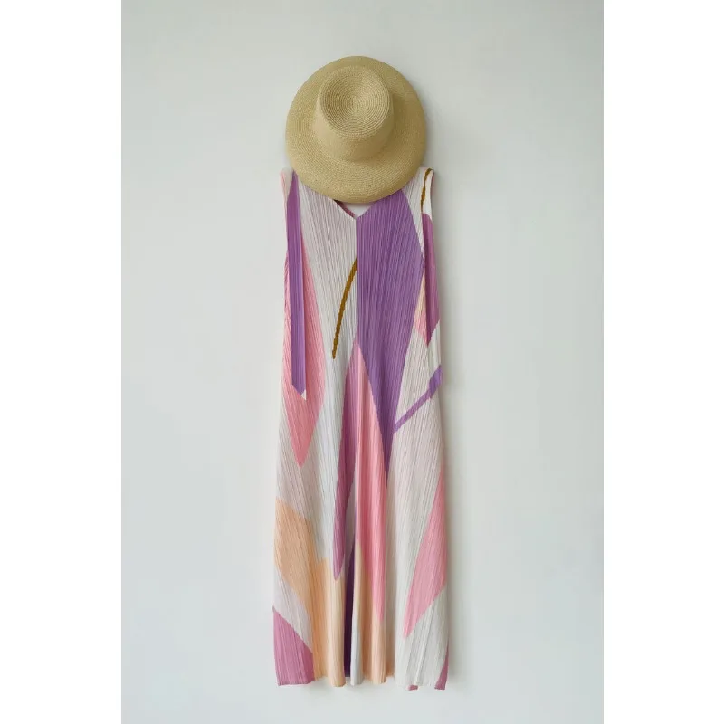 Folded Beach Vacation Dress for Women in the Small Market Summer New Style Sling Style Sweet Color Block Sleeveless Long Dress