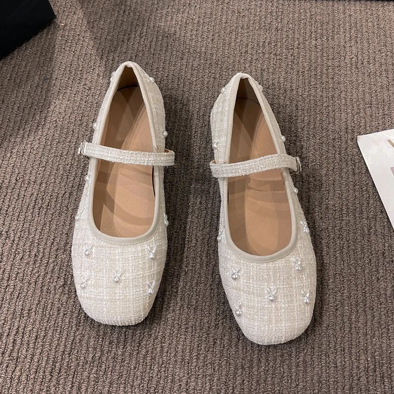 Retro Shallow Mouth Low Heel Mary Jane Round Toe Single Shoes Female 2023new Fashion Casual Simple Pearl Shoes for Women Spring