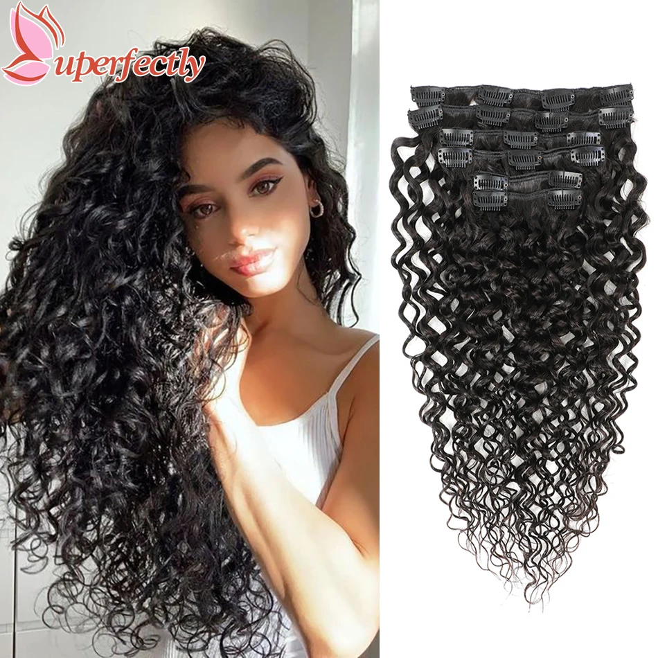 Uperfectly Water Wave Clip In Hair Extensions 6Pcs/Set Natural Full Head Hairpiece Clip In Extensions Remy Human Hair 85-120g