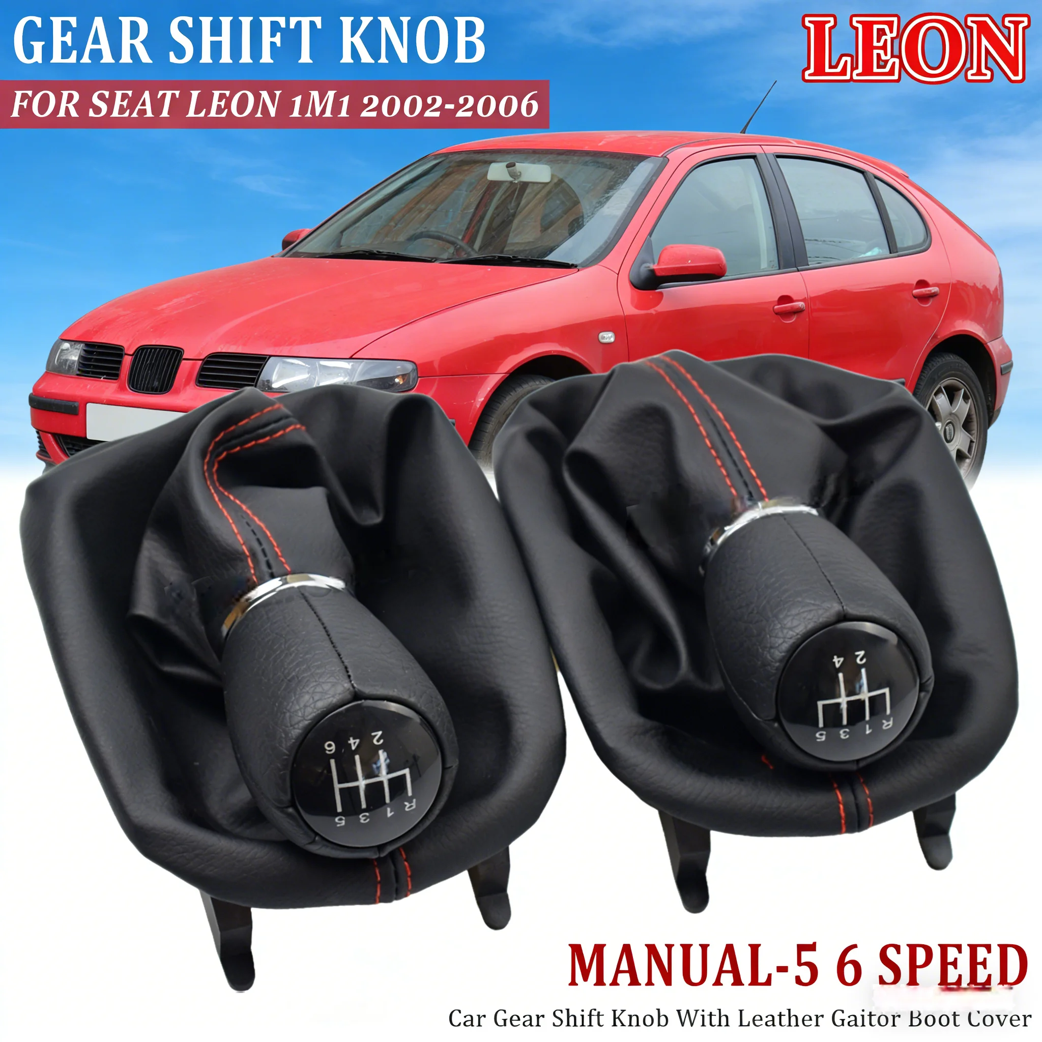 

5 Speed 6 Speed Manual For Seat Leon 1M1 2002 2003 2004 2005 2006 Car Gear Stick Shift Knob Leather Boot Red Line Car Styling