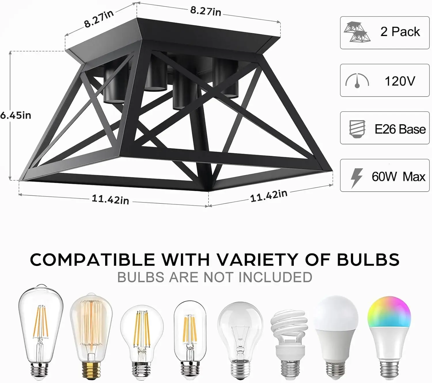 Semi Flush Mount Luz de teto, Iluminação de cozinha, Quinta industrial fechada à lâmpada do teto, 4-Light, 2 Pack