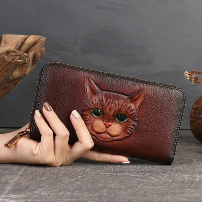 MOTAORA Cowhide Handmade Embossed Woman Card Holder Retro Women's Wallet Long Genuine Leather Wallets Women Purses For Ladies