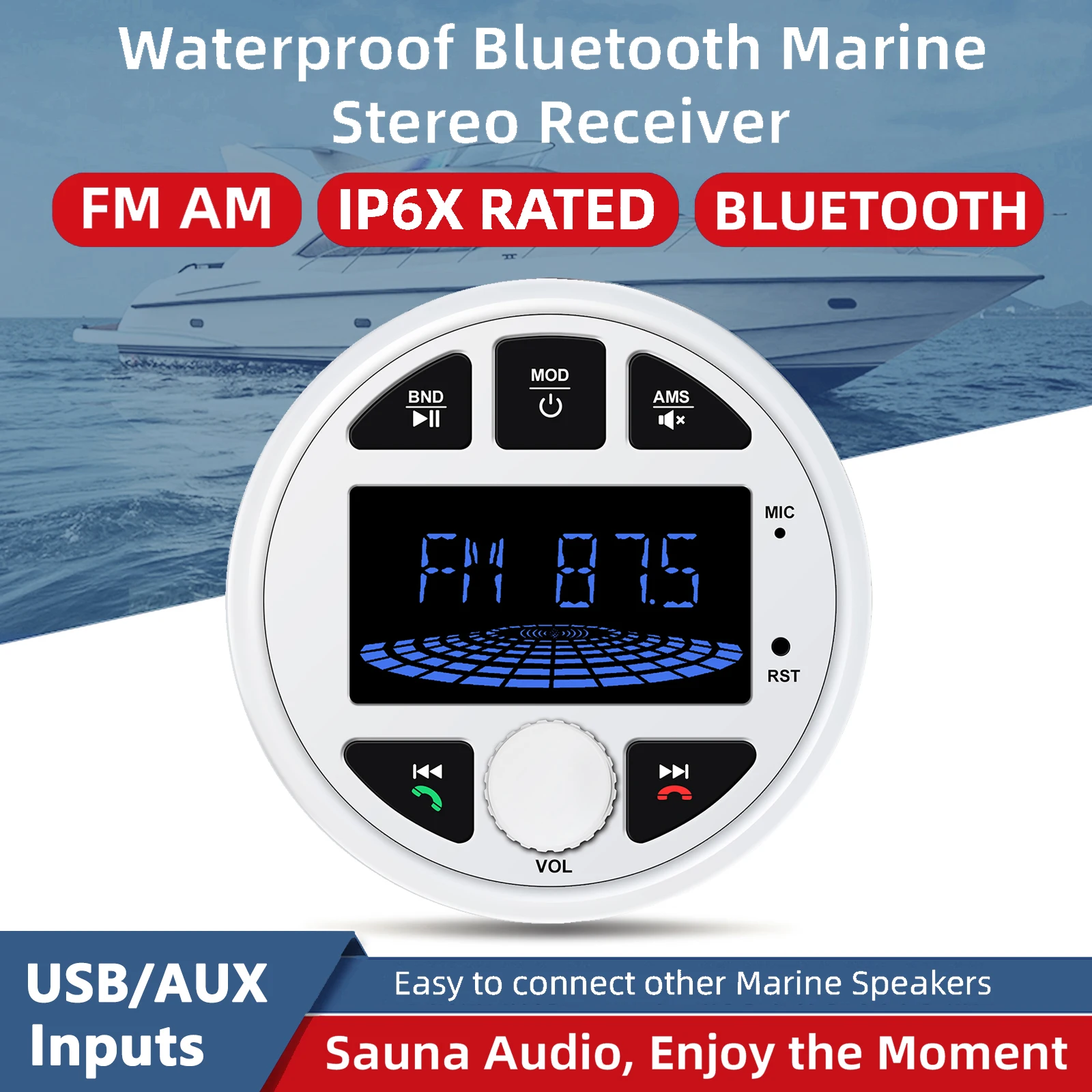 

Waterproof Marine Stereo Bluetooth Audio Receiver with 3 Inch LCD Display IP6X Waterproof Rating for Boat Sauna ATV UTV RV Use