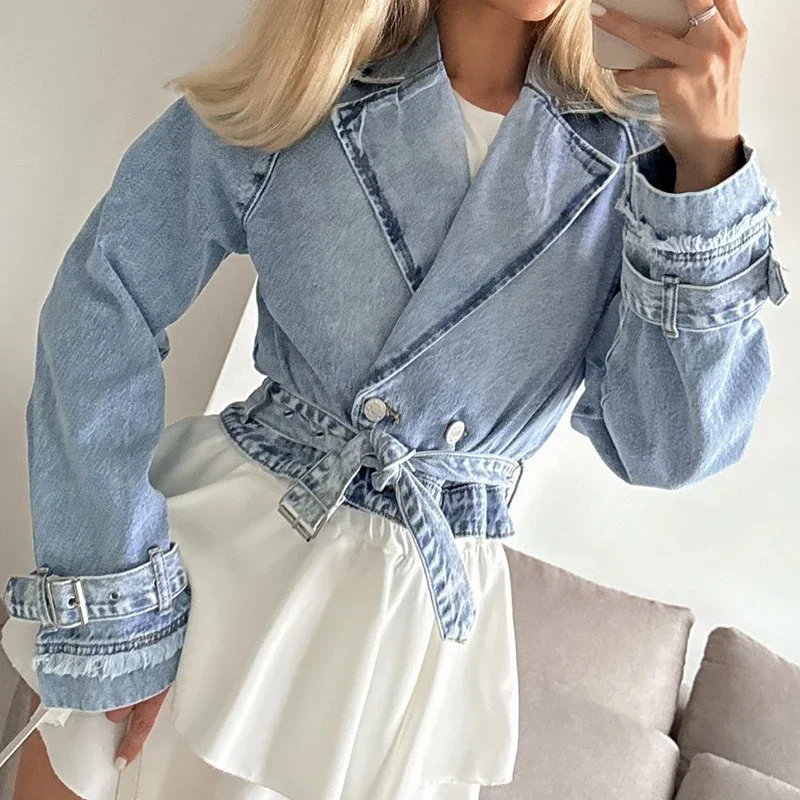 

Elegant Lapel Collar Solid Denim Overcoat 2025 Women's Casual Long Sleeve Blue Jackets Fashion Button High Street Short Coats