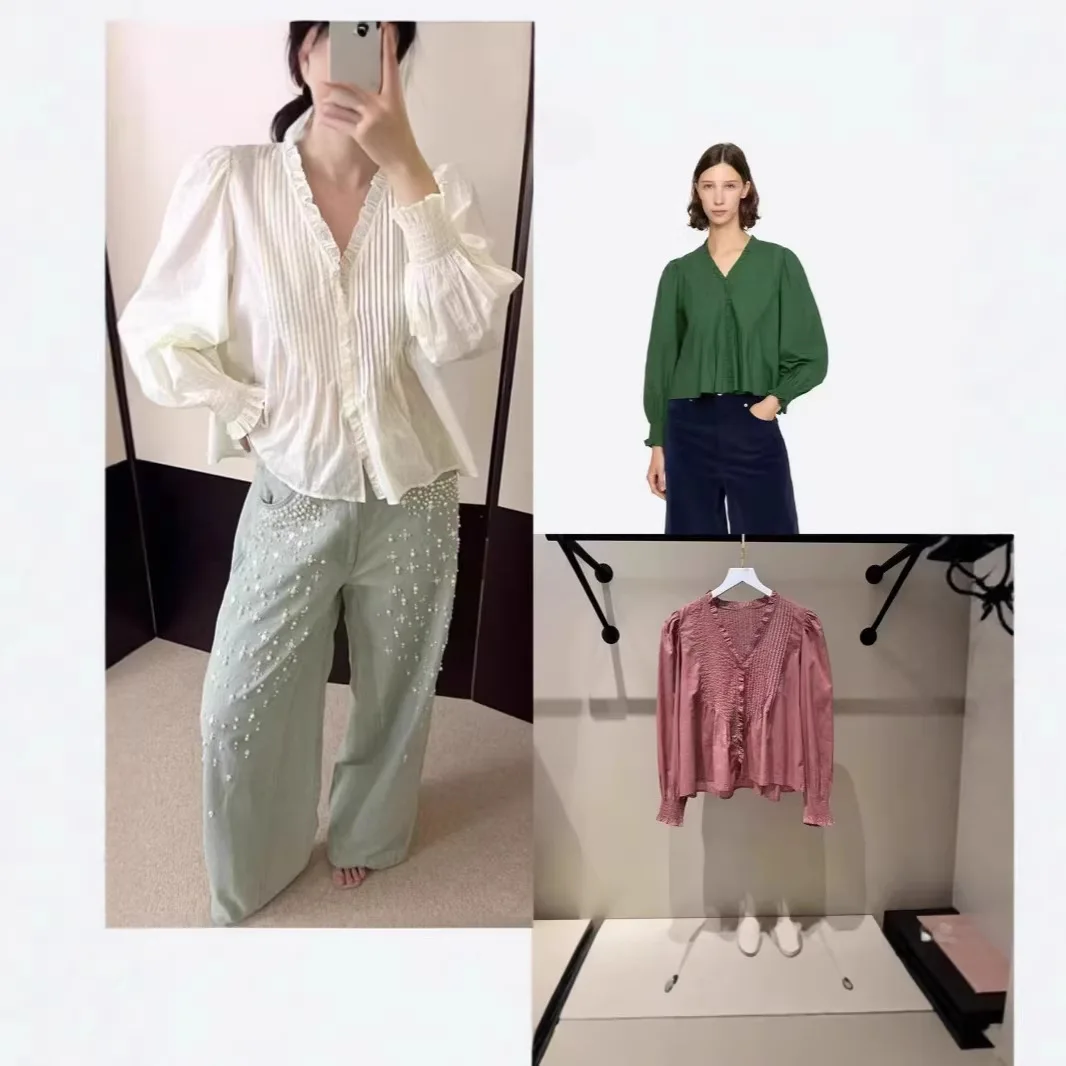 

Повседневная универсальная хлопковая блузка с V-образным вырезом, плиссированная, асимметричная, с длинными рукавами-фонариками, для женщин, на каждый день