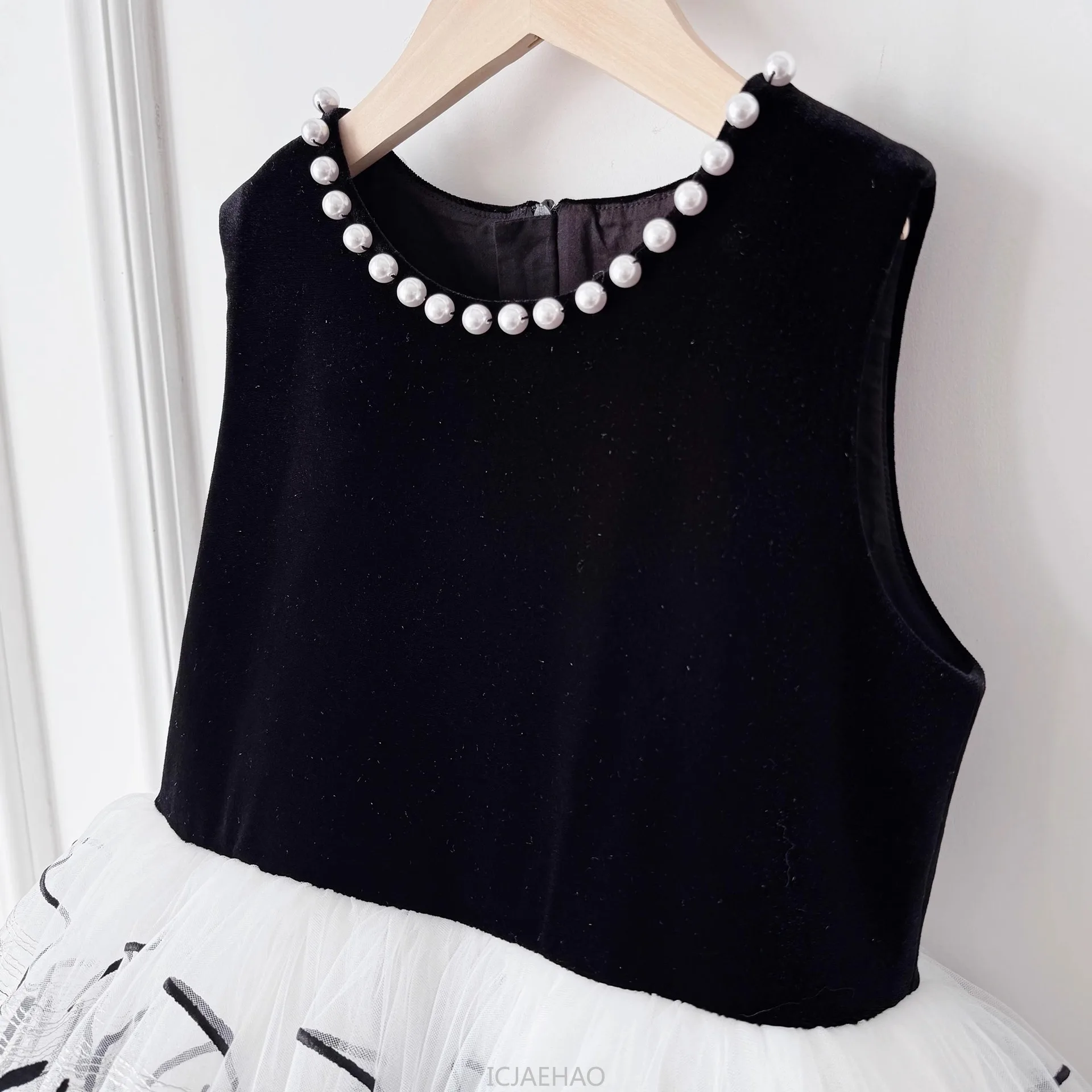 

2025 Black Girls Pearl Embroidered Tulle Dress Piano Performance Gown Stage Lace Formal Costume Recital Outfits Summer Flower