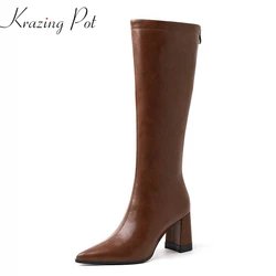 Krazing Pot Cow Leather Pointed Toe Thick High Heels Winter Knight Boots Model Runway Show Superstar Zipper Thigh High Boots