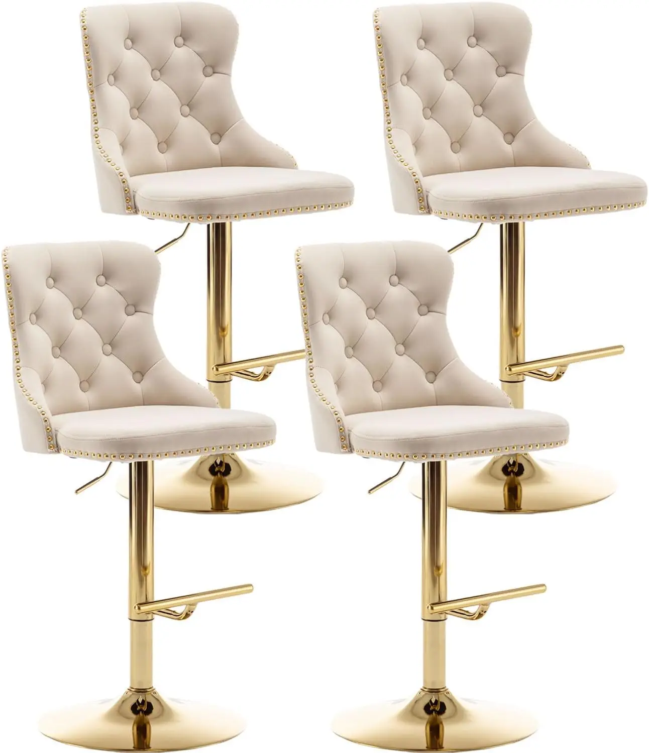 

Counter Height Bar Stools with Button & Nailheads Trim, Gold Swivel Bar Stools for Kitchen Island, Bar Pub (Beige)