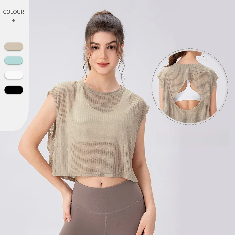 Women Hollow Out Sleeveless Yoga Cover Up Cropped Loose Fit Top Breathable Running Fitness Sports Shirt