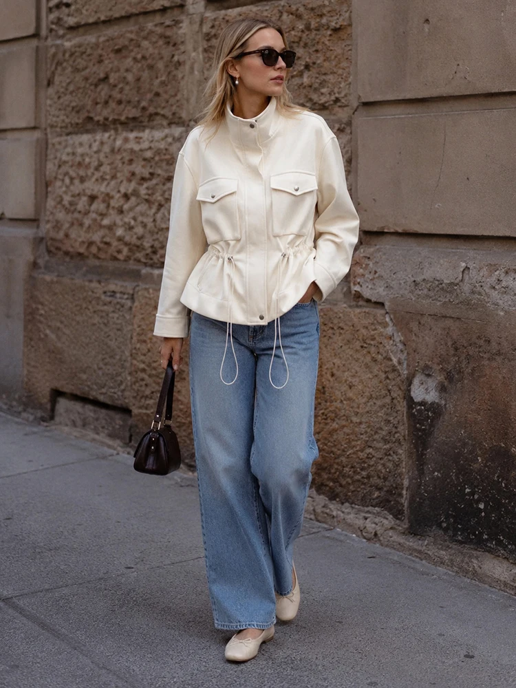 Fashion White Stand Collar Jacket Zip Snap Button Drawstring Waist Pockets Long Sleeve Loose Coat Lady Autumn Street Outerwear