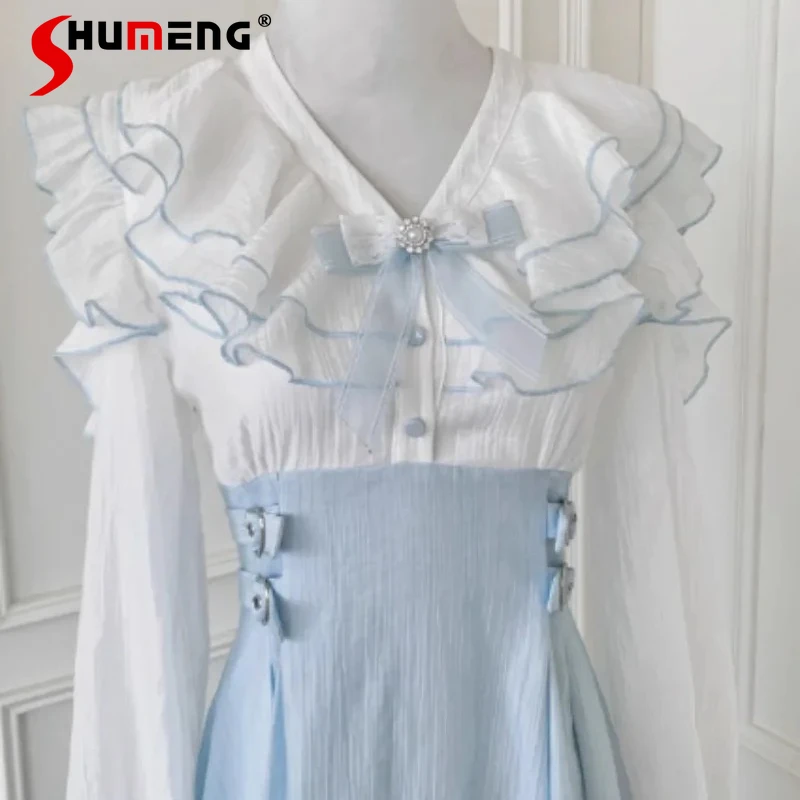 

Japanese Rojita Slimming Dress Sweet Elegant Cute Ruffle Edge Mass-Produced Kawaii Vestidos Waist-Cinching V-neck Dresses Female