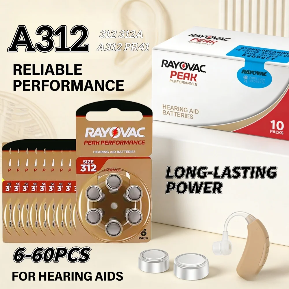 6-60 piles auditives au zinc-air Rayovac Peak 1,45 V 312 A312 312A PR41 pour aides auditives BTE, CIC, RIC, OE