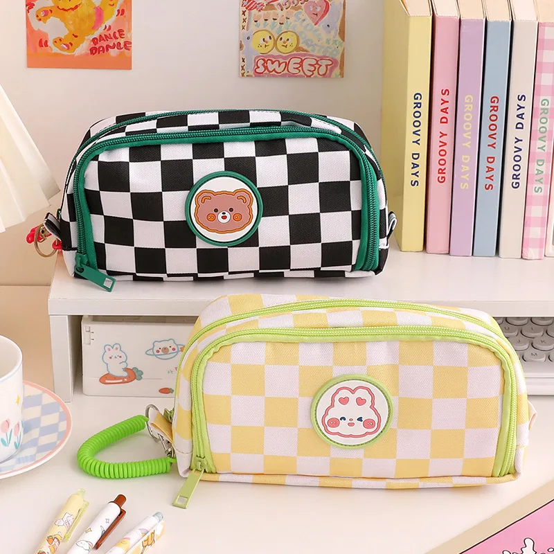 Sac à Crayons à Carreaux de Grande Capacité, Noir et Blanc, Étui à Crayons Kawaii, Poudres Mignonnes, Fournitures Scolaires de Papeterie Coréenne