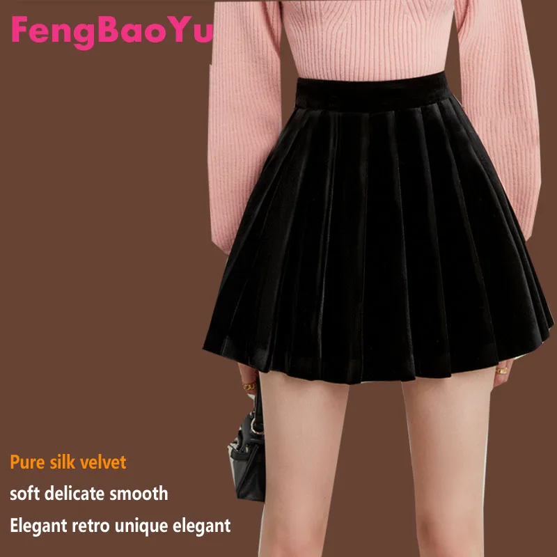 Fengbaoyu Silk Velvet Spring and Summer Ladies Half-length Short Skirt Pleated Umbrella Skirt Japanese Fashion Streetwear