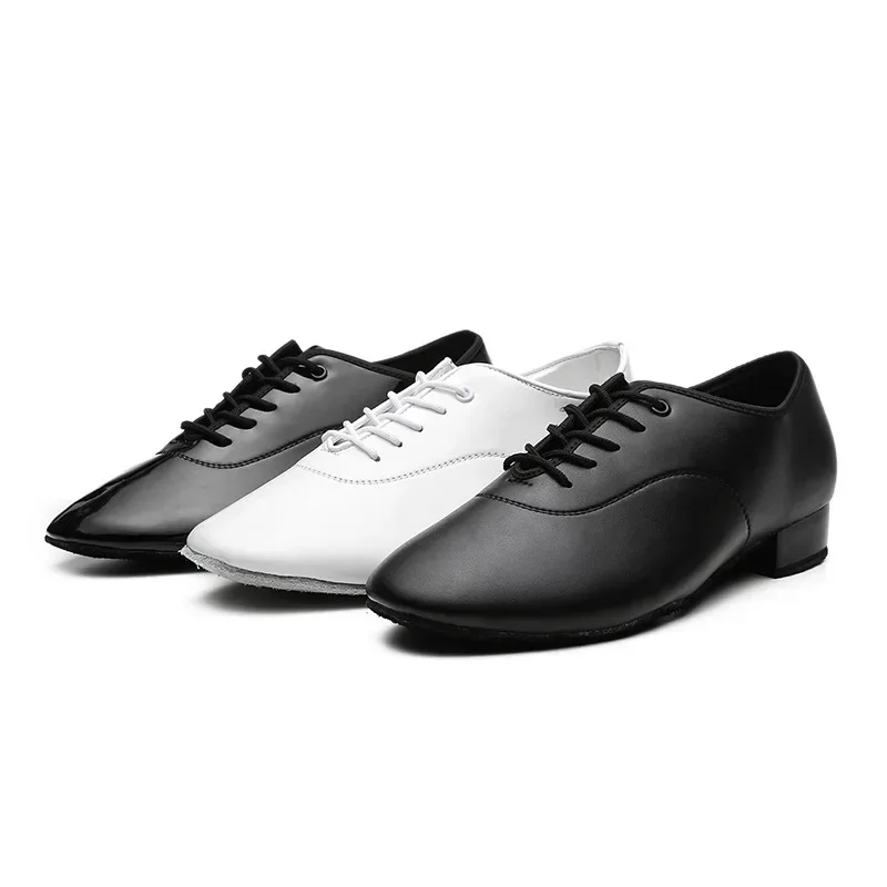 Men Latin Dance Shoes Professional Modern Tango Salsa Leather Ballroom Shoes Square Low Heels Man Sneaker Jazz Back White Color