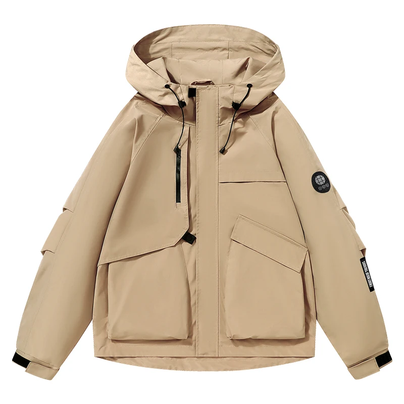 Unisex Hooded Outdoor Windbreaker Embroidered Patch Multi‑Pocket Zip‑Button Placket Waterproof Windproof Loose Hiking Outerwear