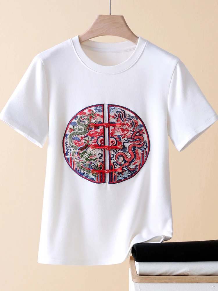 Chinese Style Button Up Short Sleeved T-shirt with Chinese Style Button Up Embroidery Dragon Teng Red Top