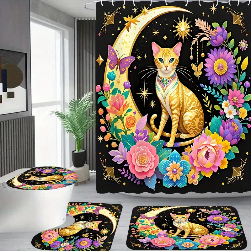 

4 шт. в богемном стиле, цветочный звездный узор, комплект занавесок для душа в отеле, с 12 крючками, ковриком для ванной комнаты, чехлом на сиденье унитаза и U-sha