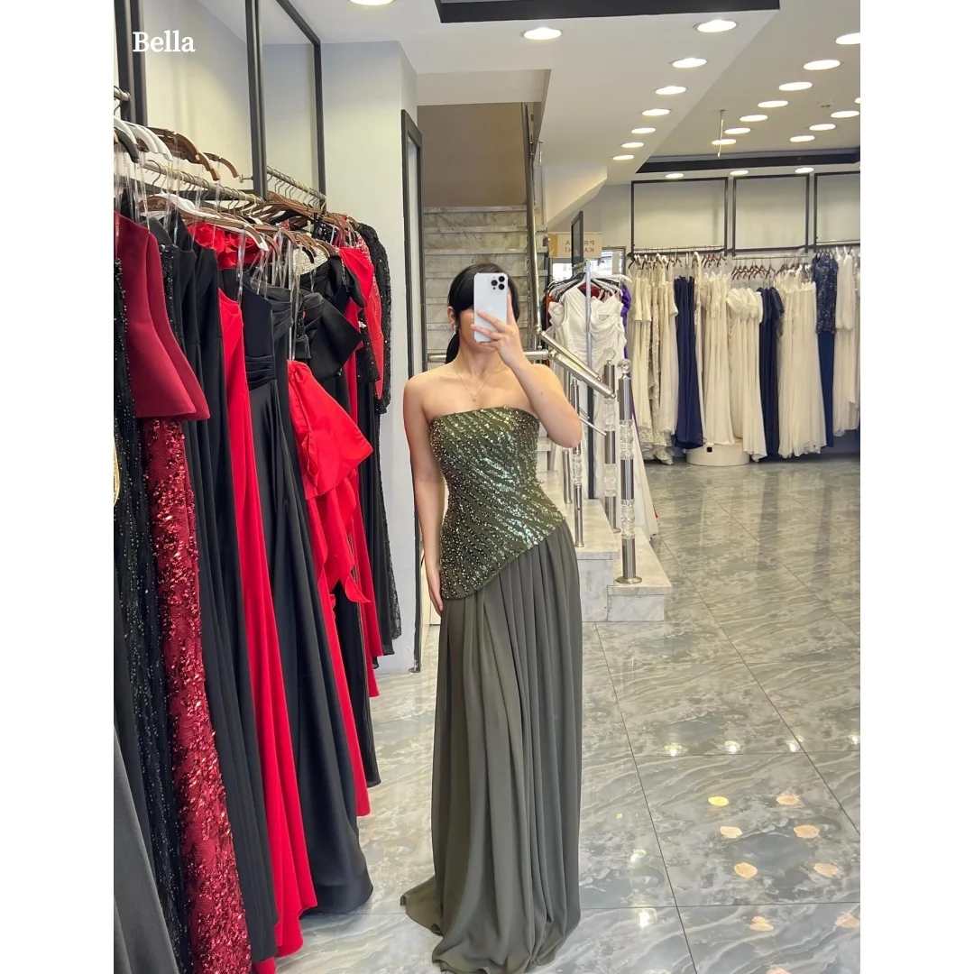 

Вечернее платье Bella на заказ, оливково-зеленое, без бретелек, с пайетками на лифе, шифоновой юбкой, длиной до пола, для выпускного вечера