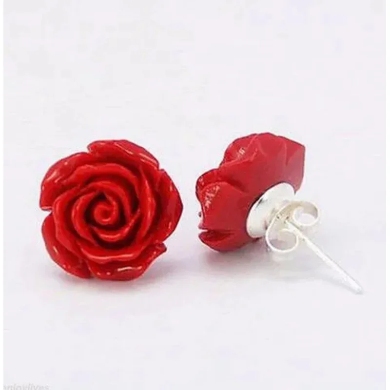 Hot Sale New Red Coral Pink Flower 925 Sterling Silver Brooch Earrings