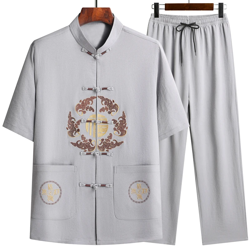 New Chinese Style Men\'s Tang Suit Sets Short Sleeve Long Pants Tradition Dragon Embroidery Kung Fu Satin Silk Wu Shu Tai Chi Set