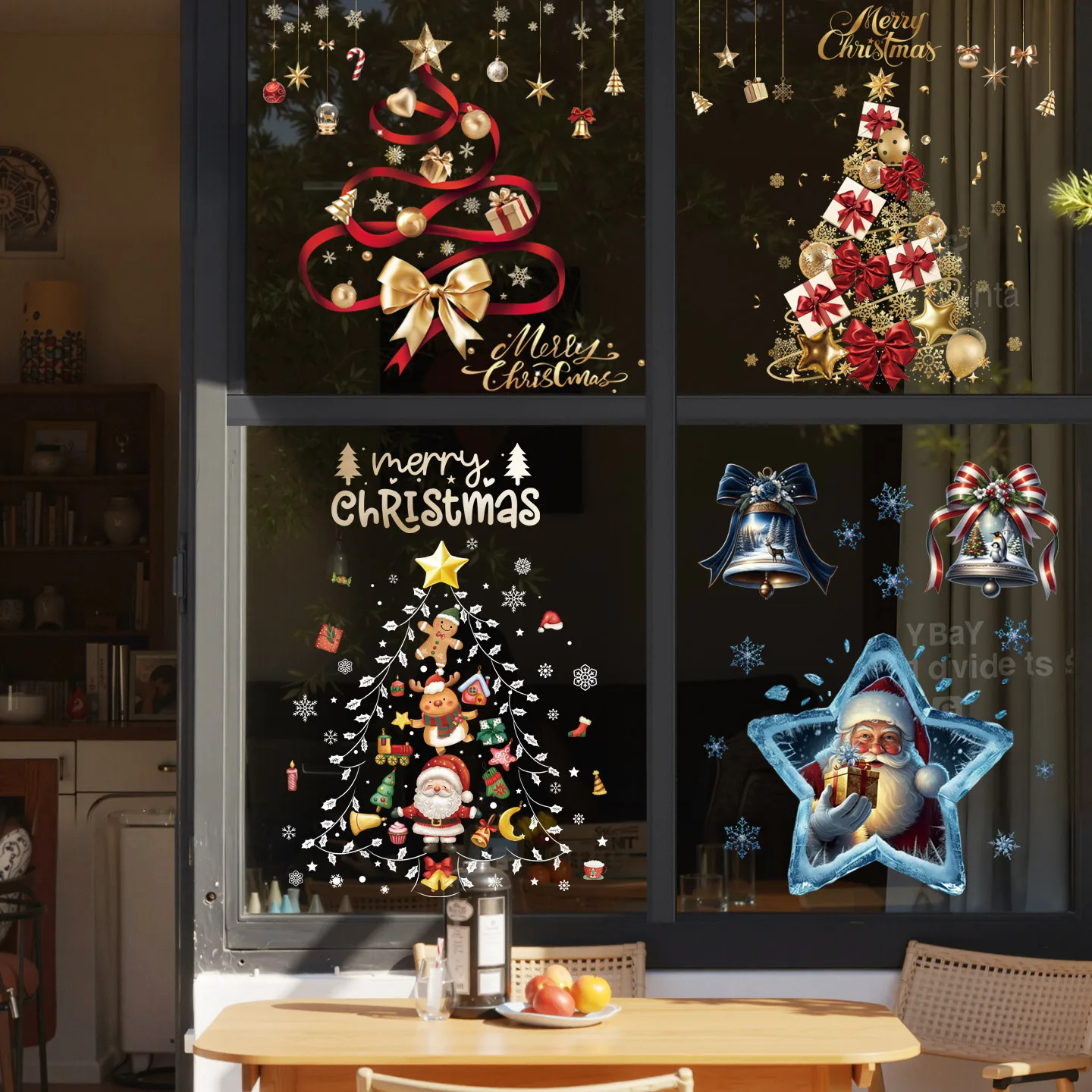 

Christmas window stickers, Christmas tree ribbons, Santa glass static stickers, holiday window stickers