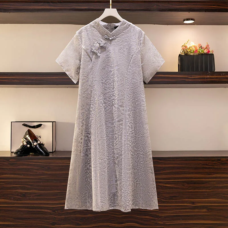 

150Kg Plus Size Women's Improved Embroidered Cheongsam Bust 151 Summer Loose V-Neck Short-Sleeved Dress Gray 5XL 6XL 7XL 8XL 9XL