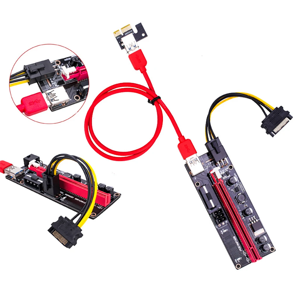

PCI-E Riser 009S PCI-E 1X to 16X Slot Adapter Riser Card with 60cm USB 3.0 Cable 6pin SATA Power Cable PCI Express Riser Card