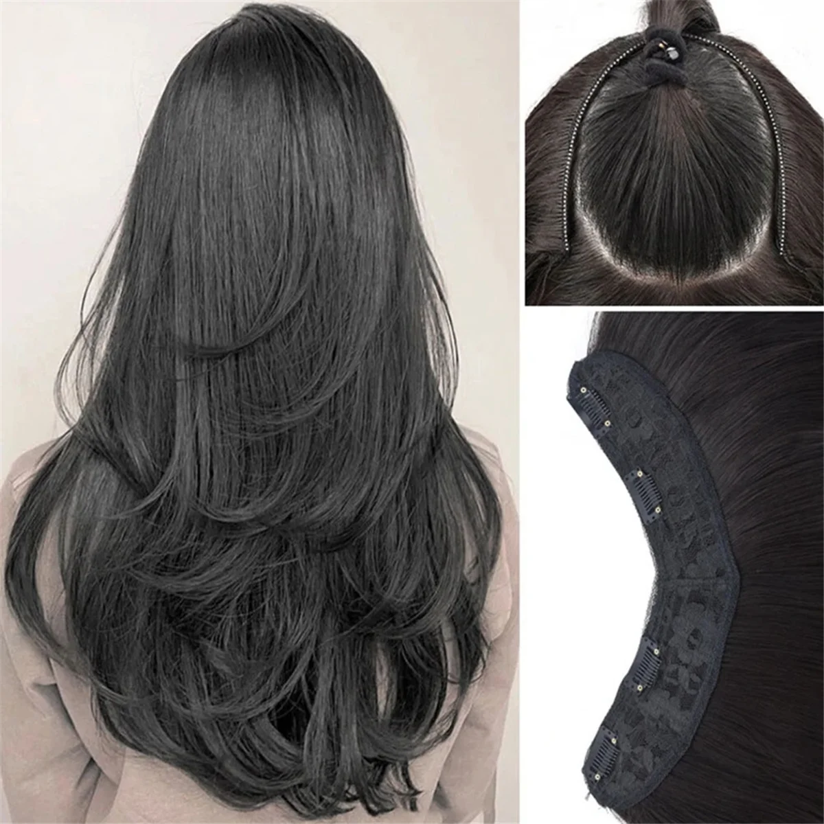 Black Synthetic Women'S Styling Long Hair Extra Long Hair Synthetic Wigs Layered Extensions Head Increase Hair