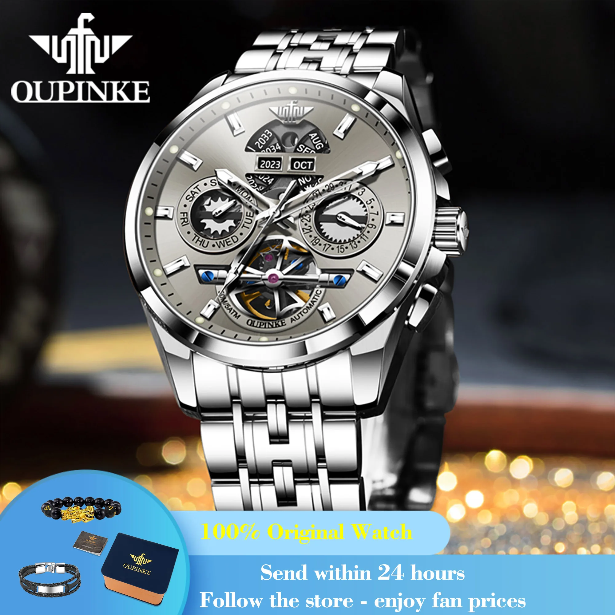 OUPINKE 3251 Men Watch Hollow Skeleton Automatic Watch For Men Luxury Waterproof Mechanical Wristwatch Week Calendar Hand Clock
