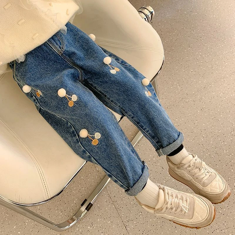 Casual Kids Baby Girls Cherry Flower Cowboy Pants Spring Autumn Kids Baby Girls Children Clothing Baby Girls Jeans