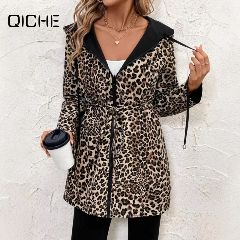 QICHE 2026 Women Reversible Leopard Print Hooded Jacket, Drawstring Waist Zip Up Long Sleeve Casual Trench Outerwear
