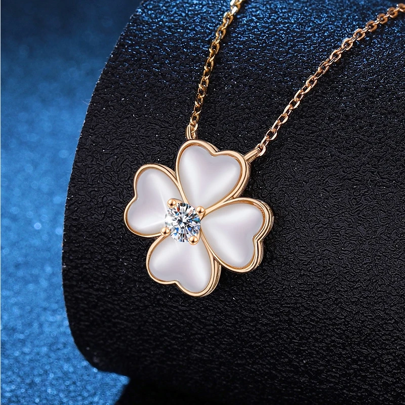 S925 pure silver necklace, women's moissanite pendant, natural white mother of pearl, lucky heart, clover necklace