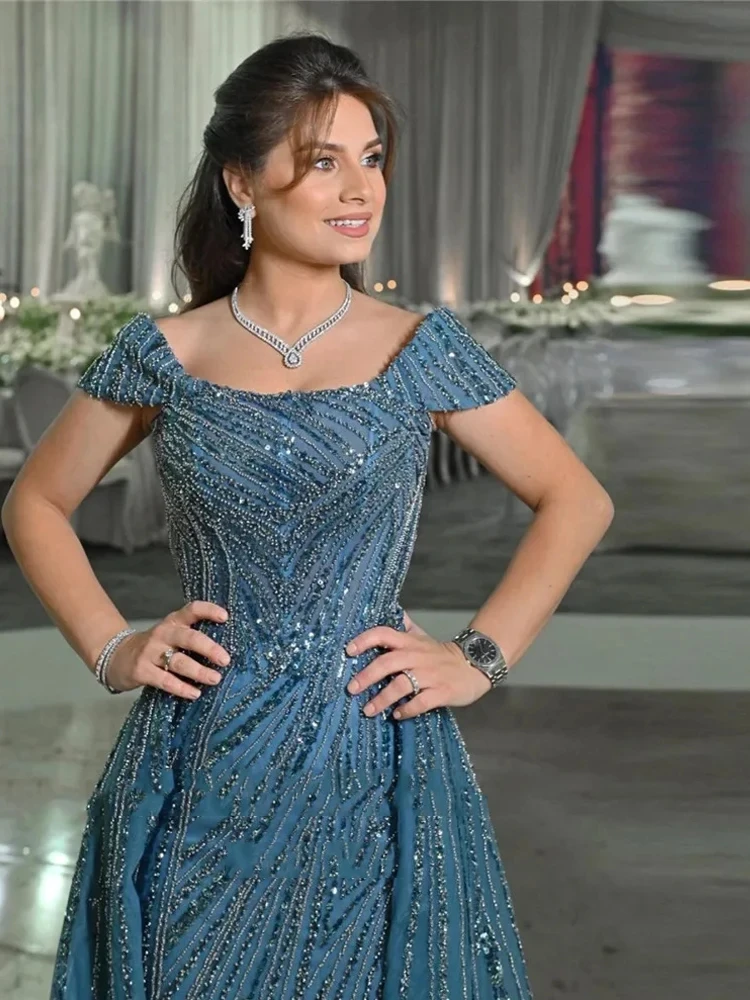 Dusty Blue Sequin Luxury Evening Dresses With Detachable Train Off the Shoulder Dubai Arabic Long Prom Wedding Gowns